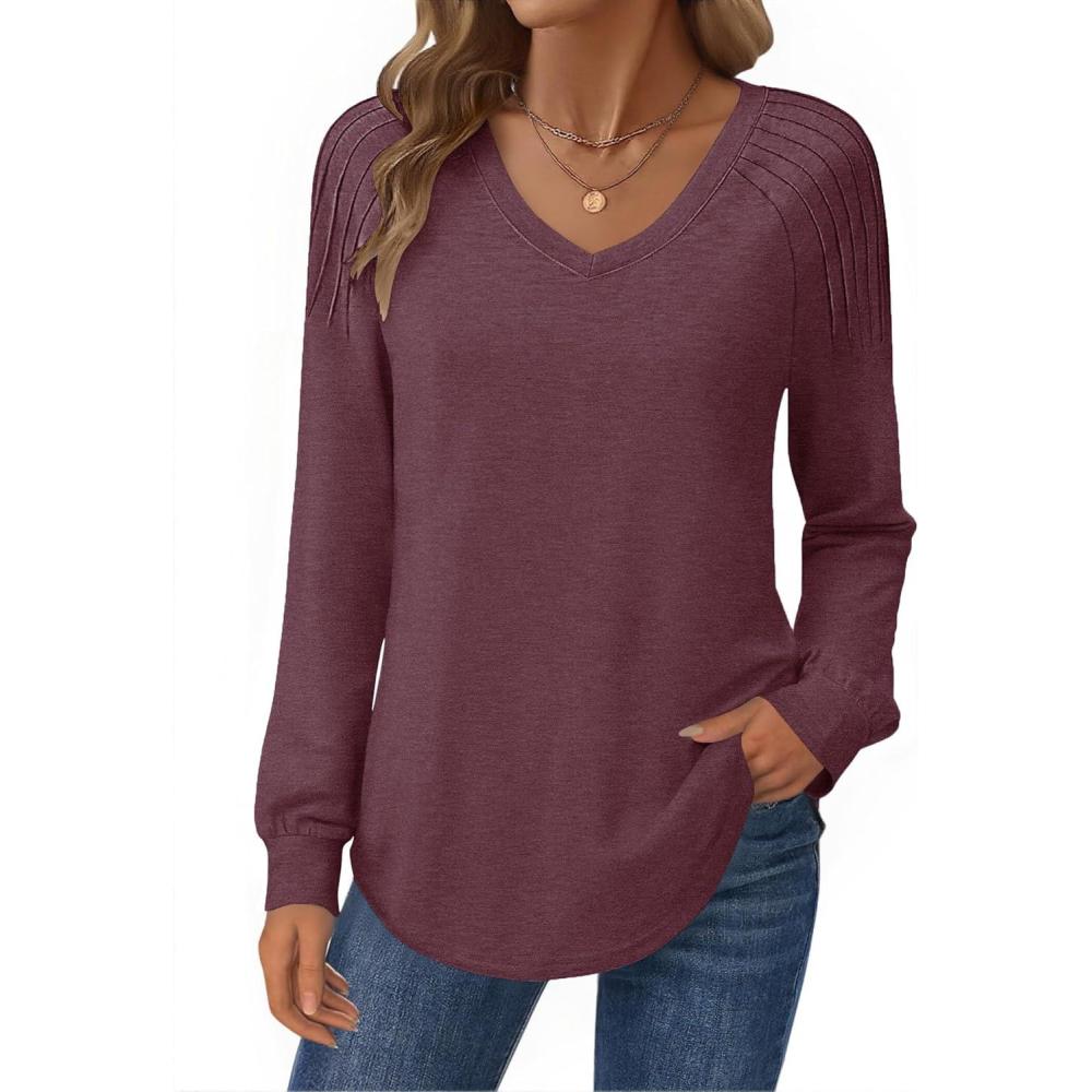 imageZeagoo Womens Long Sleeve Tops V Neck Pleated Shirts Dressy Casual Blouses Fall Fashion Tunic Clothes 2026 TShirtsDeep Red