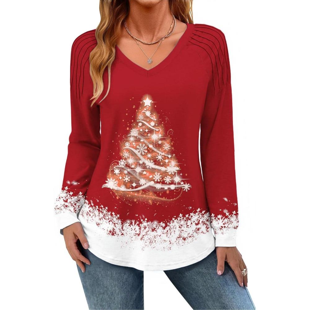 imageZeagoo Womens Long Sleeve Tops V Neck Pleated Shirts Dressy Casual Blouses Fall Fashion Tunic Clothes 2026 TShirtsFloral Christmas 1