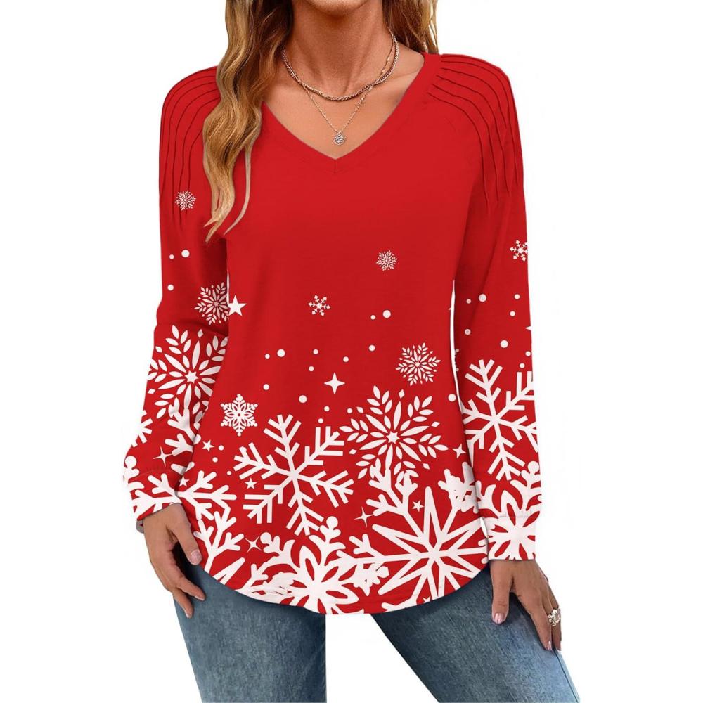 imageZeagoo Womens Long Sleeve Tops V Neck Pleated Shirts Dressy Casual Blouses Fall Fashion Tunic Clothes 2026 TShirtsFloral Christmas 3