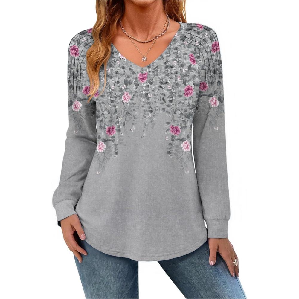 imageZeagoo Womens Long Sleeve Tops V Neck Pleated Shirts Dressy Casual Blouses Fall Fashion Tunic Clothes 2026 TShirtsGrey2