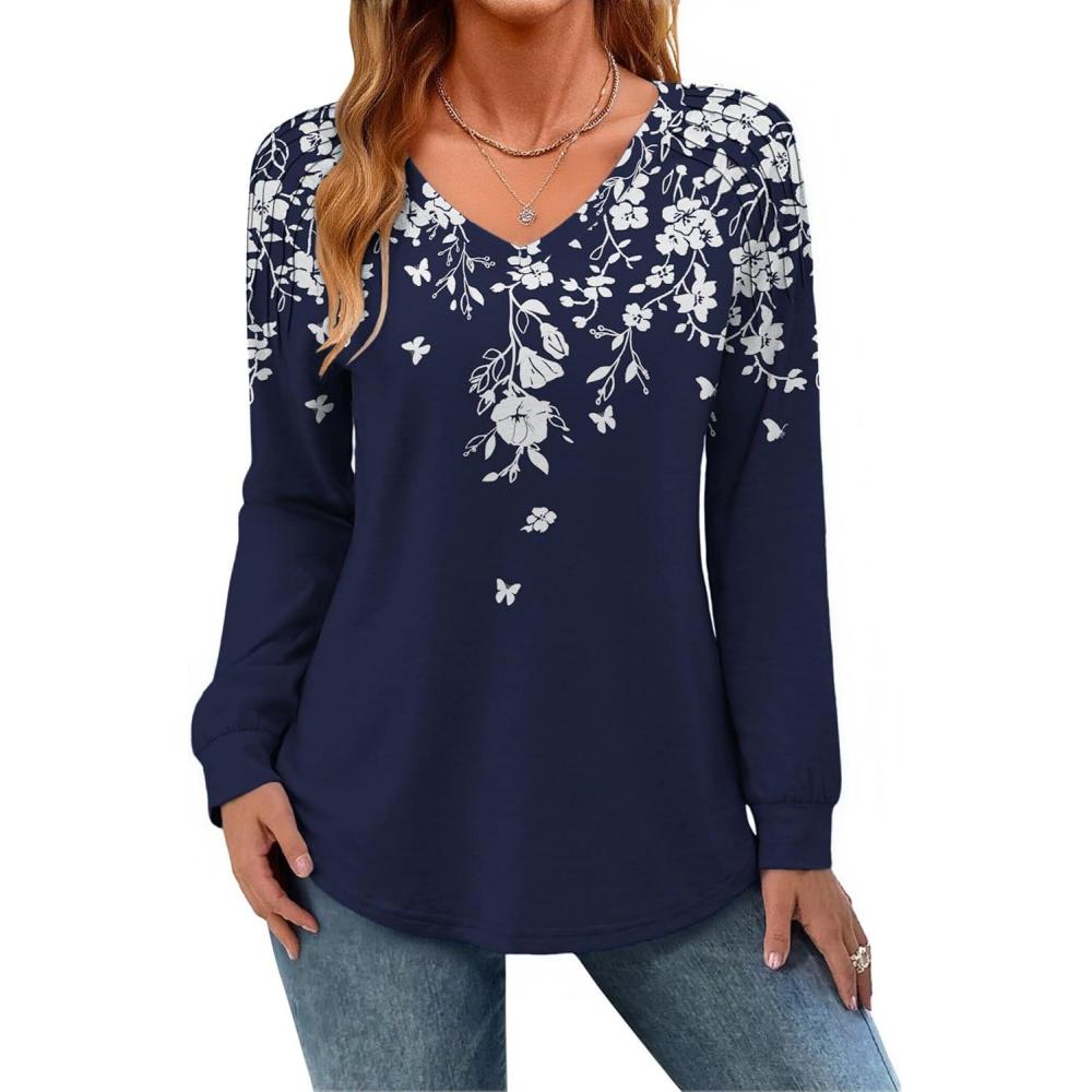 imageZeagoo Womens Long Sleeve Tops V Neck Pleated Shirts Dressy Casual Blouses Fall Fashion Tunic Clothes 2026 TShirtsNavy Floral