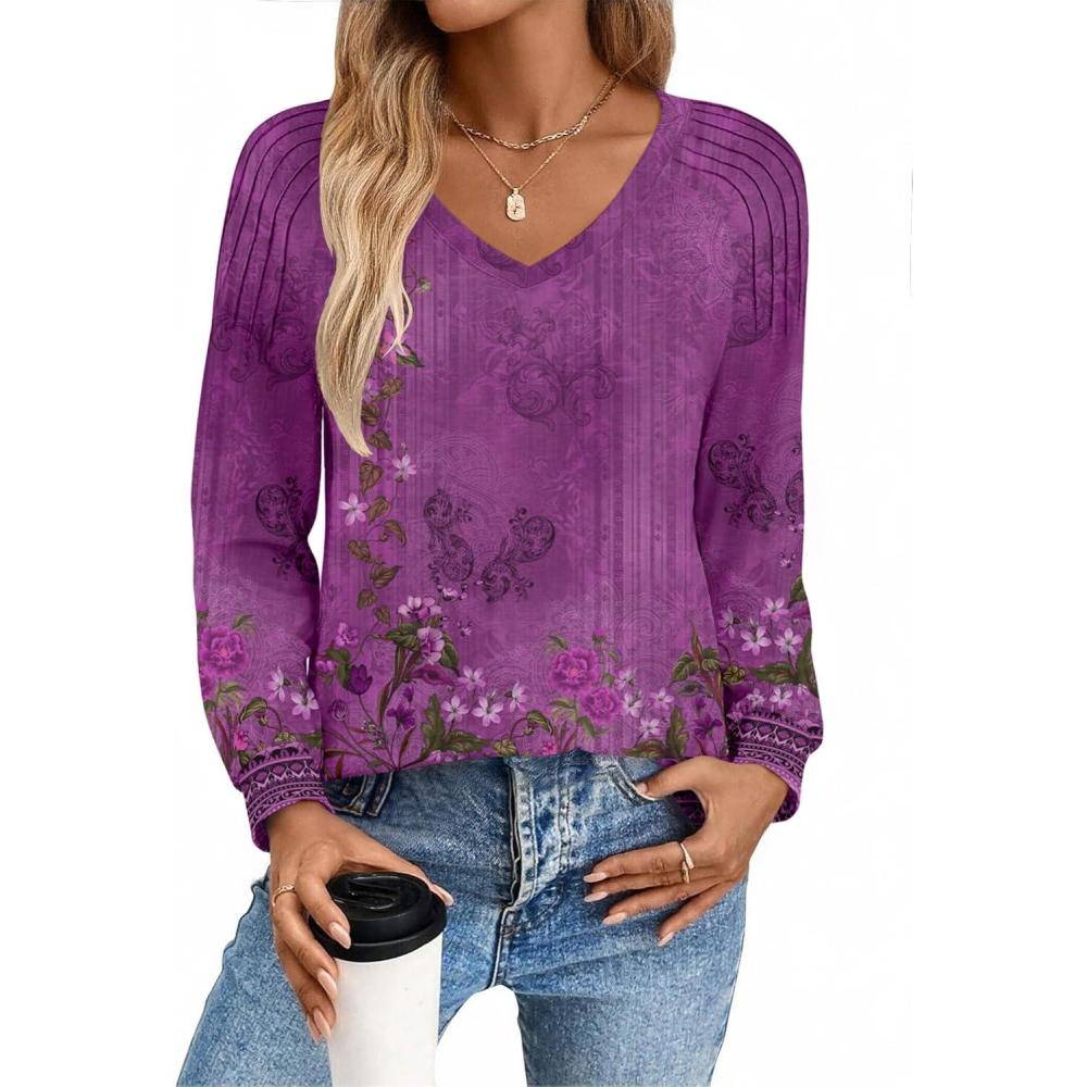 imageZeagoo Womens Long Sleeve Tops V Neck Pleated Shirts Dressy Casual Blouses Fall Fashion Tunic Clothes 2026 TShirtsPurple Floral 1