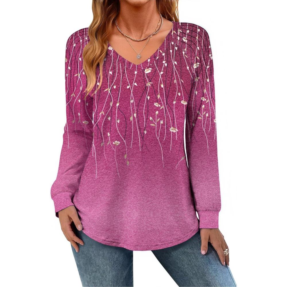 imageZeagoo Womens Long Sleeve Tops V Neck Pleated Shirts Dressy Casual Blouses Fall Fashion Tunic Clothes 2026 TShirtsPurple Floral 2