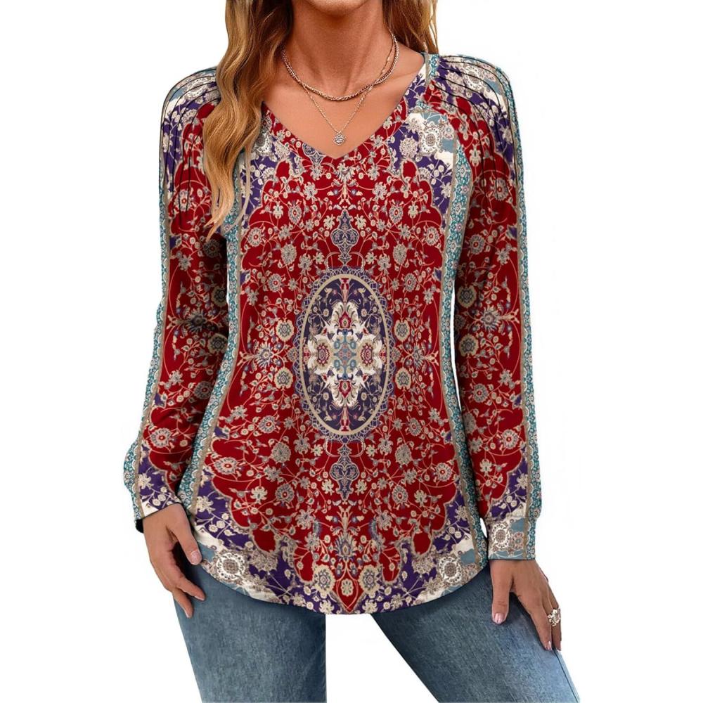 imageZeagoo Womens Long Sleeve Tops V Neck Pleated Shirts Dressy Casual Blouses Fall Fashion Tunic Clothes 2026 TShirtsRed Floral