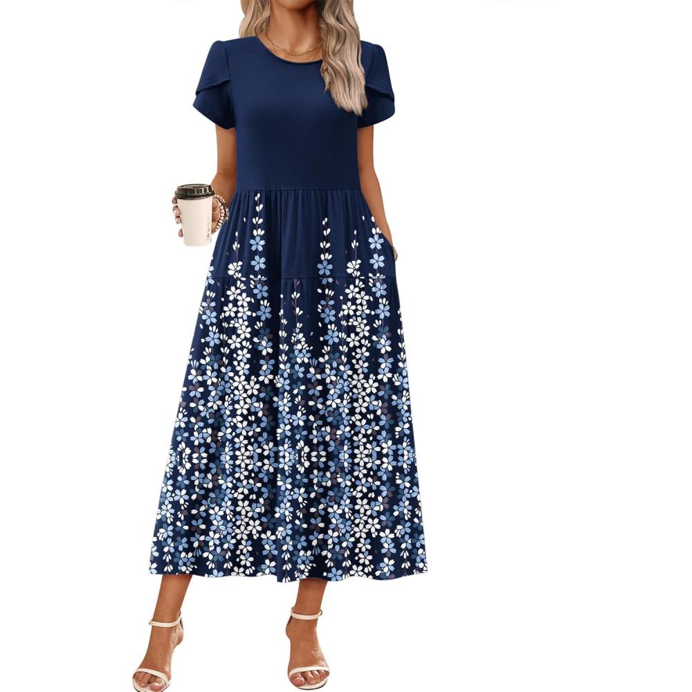 imageZeagoo Womens Maxi Dresses Summer Bohemian Floral Short Sleeve Long Dress Casual Flowy Tired Beach Sundress04navy Blue Flower