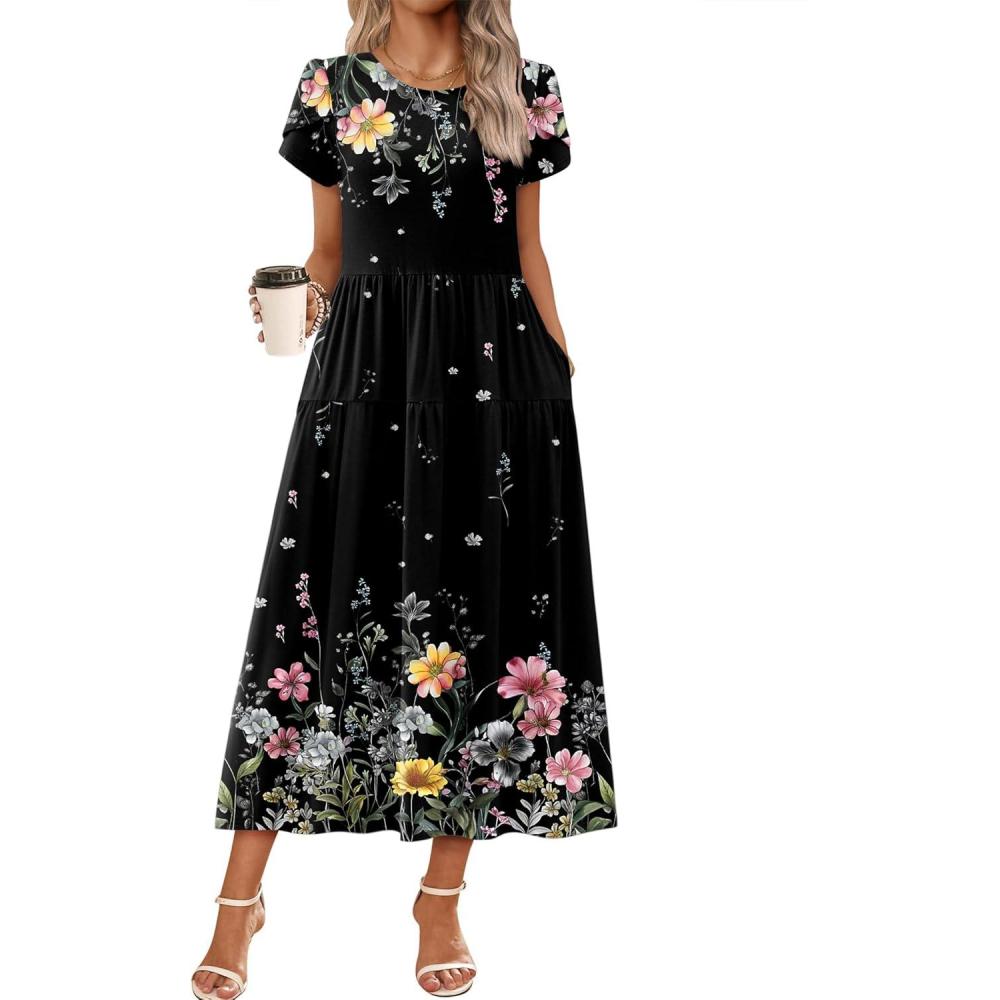 imageZeagoo Womens Maxi Dresses Summer Bohemian Floral Short Sleeve Long Dress Casual Flowy Tired Beach Sundress05wf120
