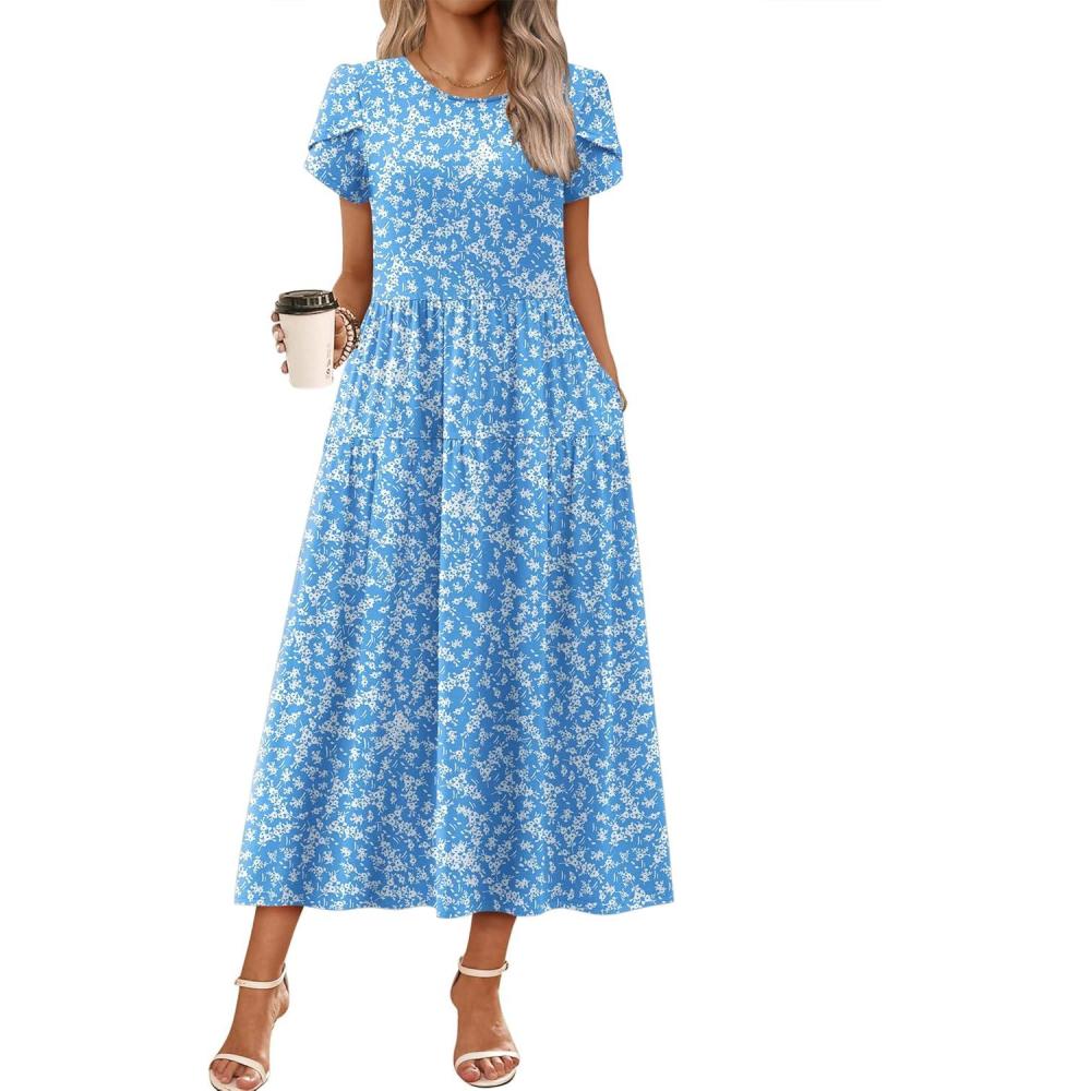 imageZeagoo Womens Maxi Dresses Summer Bohemian Floral Short Sleeve Long Dress Casual Flowy Tired Beach SundressBlue Floral