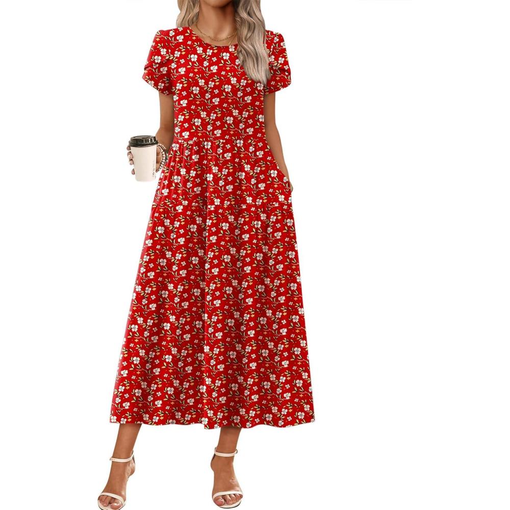 imageZeagoo Womens Maxi Dresses Summer Bohemian Floral Short Sleeve Long Dress Casual Flowy Tired Beach SundressRed Floral