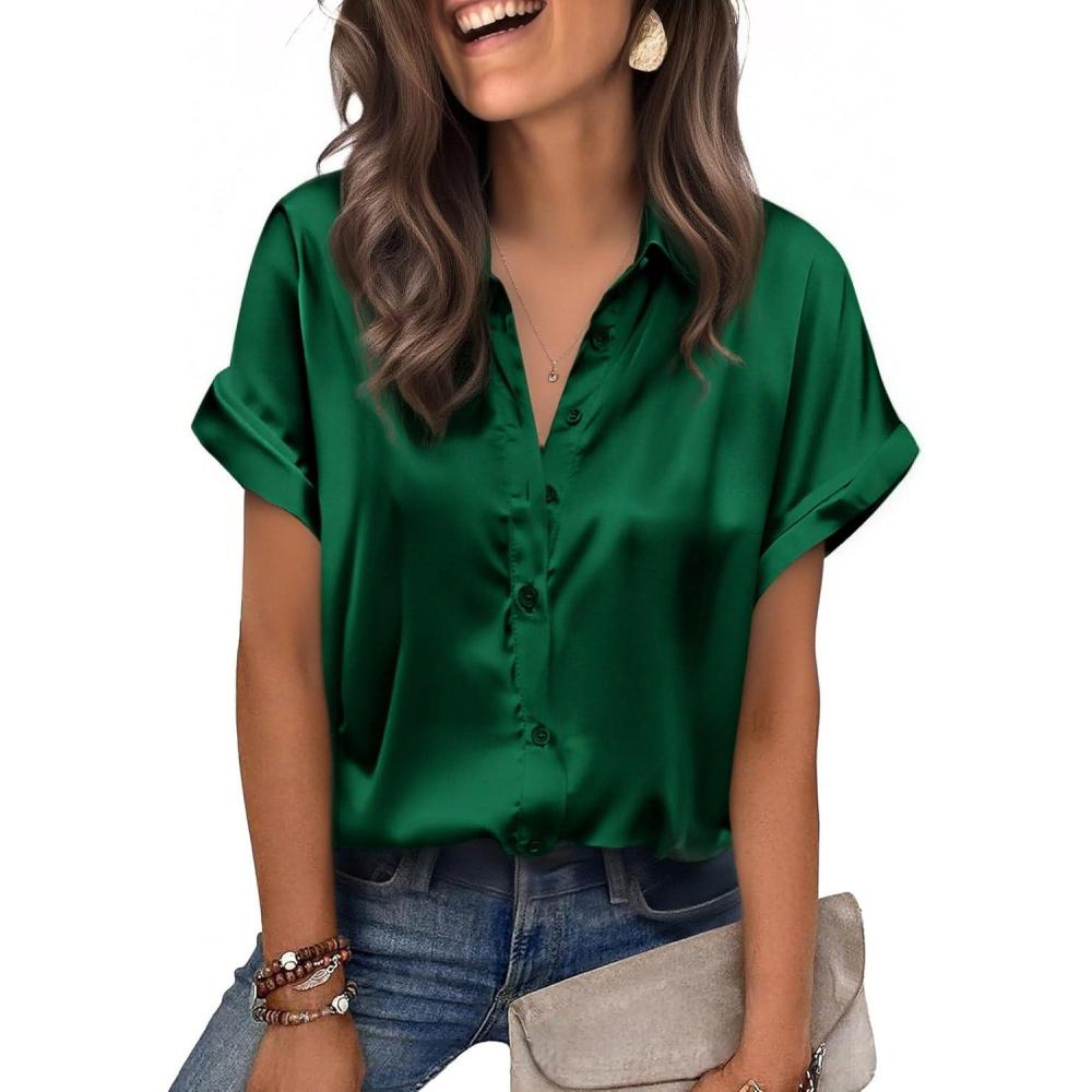 imageZeagoo Womens Satin Blouse Short Sleeve Silk Tops Button Down Shirts Business Casual OutfitsGreen
