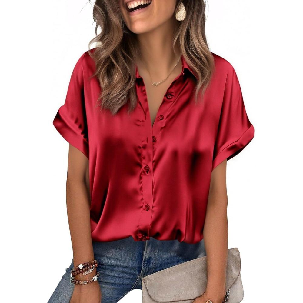 imageZeagoo Womens Satin Blouse Short Sleeve Silk Tops Button Down Shirts Business Casual OutfitsRed