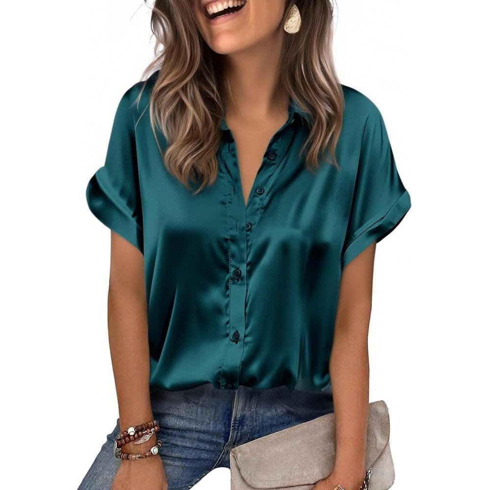 imageZeagoo Womens Satin Blouse Short Sleeve Silk Tops Button Down Shirts Business Casual OutfitsTeal