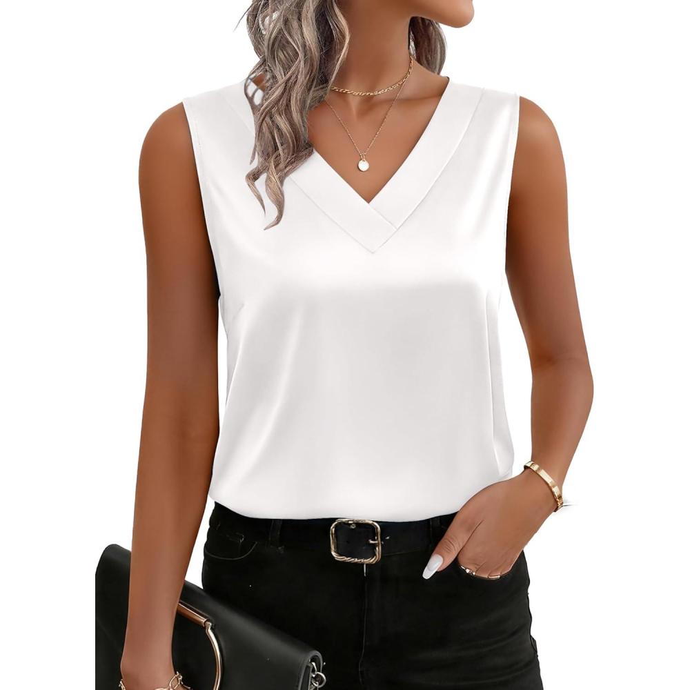 imageZeagoo Womens Silk Satin Tank Tops V Neck Casual Camisoles Sleeveless Business Work Blouses Dressy Summer ShirtsAwhite