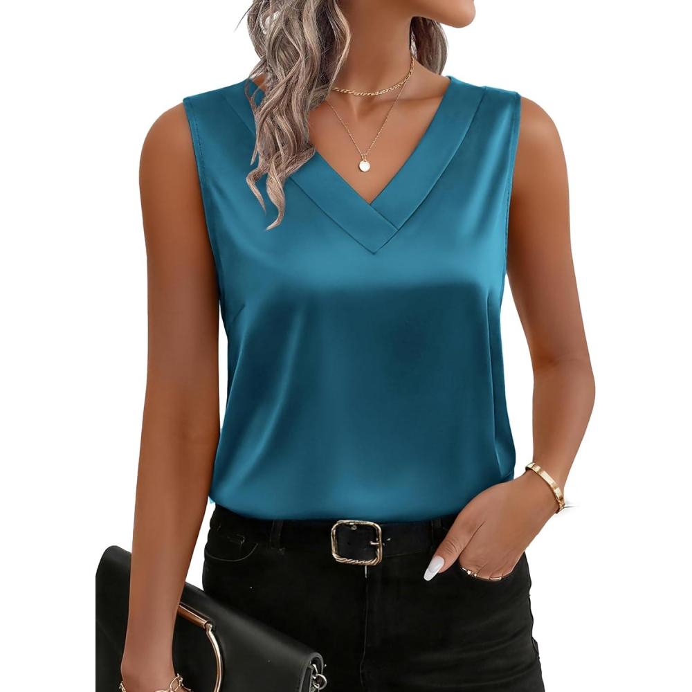 imageZeagoo Womens Silk Satin Tank Tops V Neck Casual Camisoles Sleeveless Business Work Blouses Dressy Summer ShirtsBlue Green