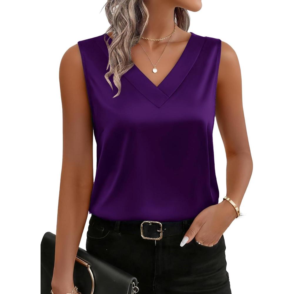 imageZeagoo Womens Silk Satin Tank Tops V Neck Casual Camisoles Sleeveless Business Work Blouses Dressy Summer ShirtsPurple