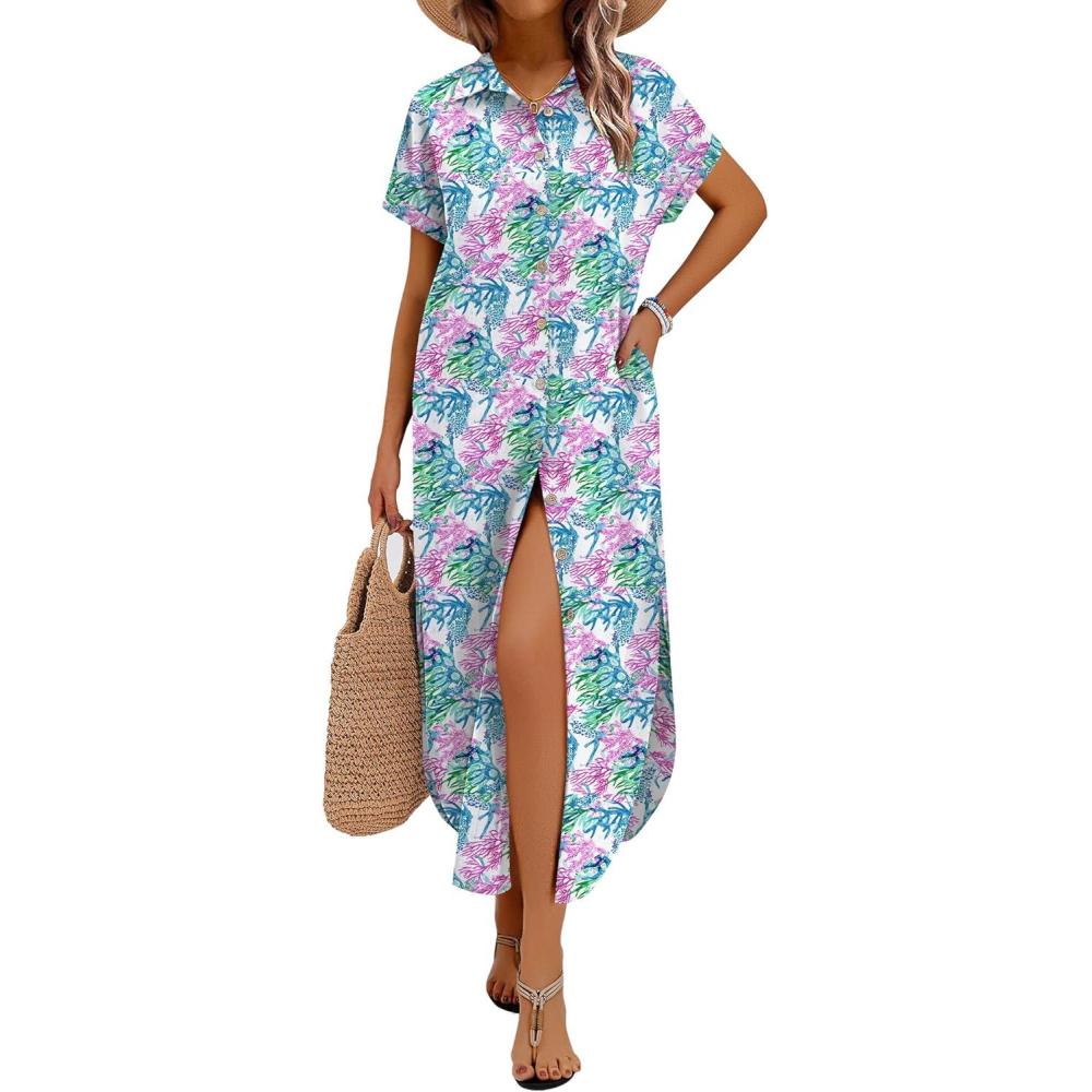 imageZeagoo Womens Summer Casual Short Sleeve Button Down Long Shirt Dresses Loose Swimsuit Beach Cover Ups with PocketsCoral Floral