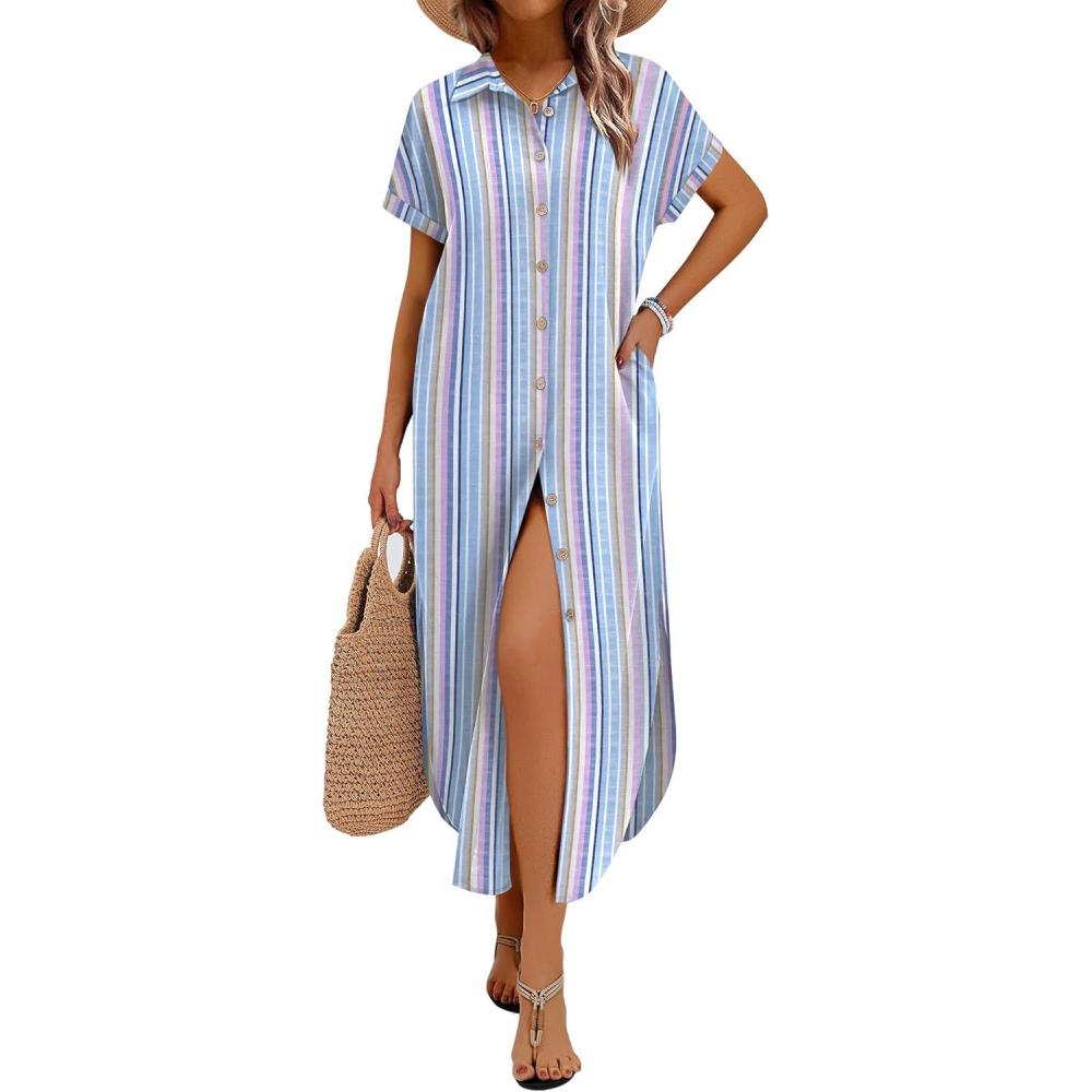 imageZeagoo Womens Summer Casual Short Sleeve Button Down Long Shirt Dresses Loose Swimsuit Beach Cover Ups with PocketsPinkblue