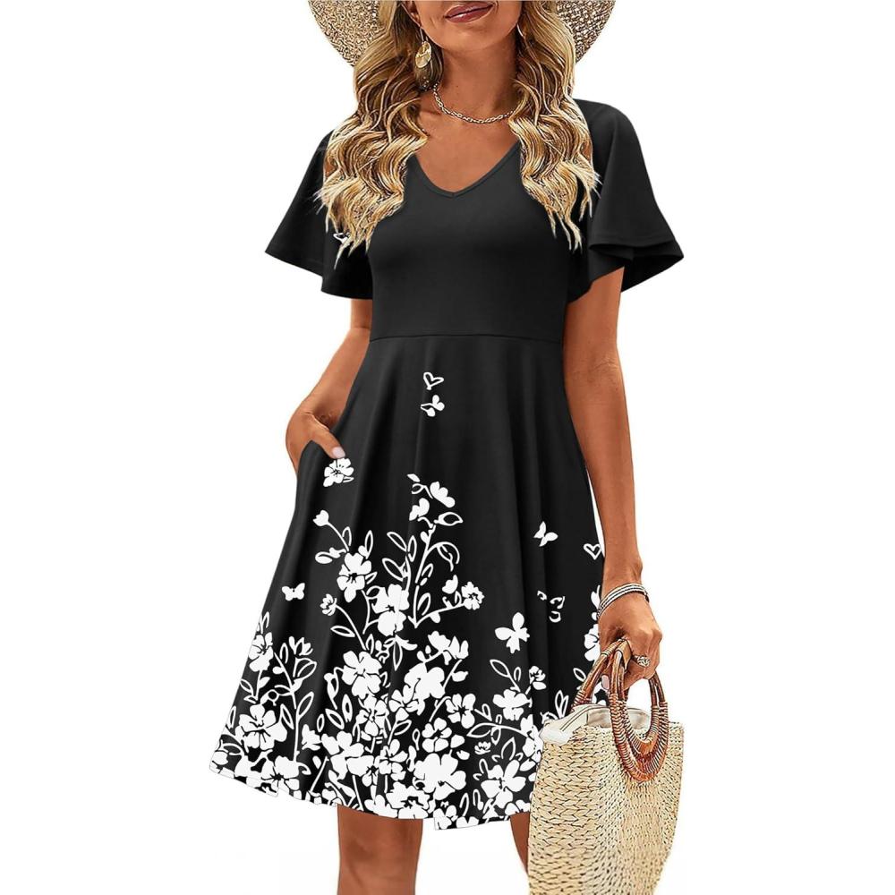 imageZeagoo Womens Summer Dress Casual Swing Floral Ruffle Short Sleeve Sundresses Beach Mini Aline Shift Dress 2026 with PocketsBlack Floral