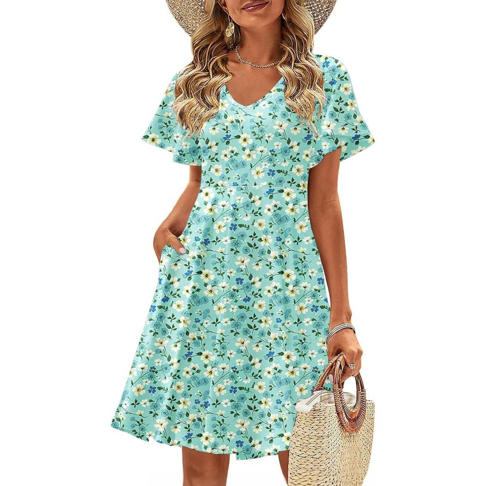 imageZeagoo Womens Summer Dress Casual Swing Floral Ruffle Short Sleeve Sundresses Beach Mini Aline Shift Dress 2026 with PocketsBlue White Floral
