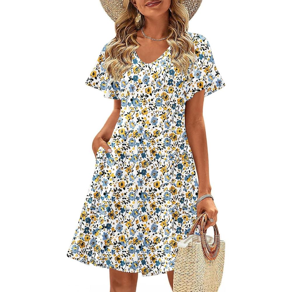 imageZeagoo Womens Summer Dress Casual Swing Floral Ruffle Short Sleeve Sundresses Beach Mini Aline Shift Dress 2026 with PocketsBlue Yellow Floral