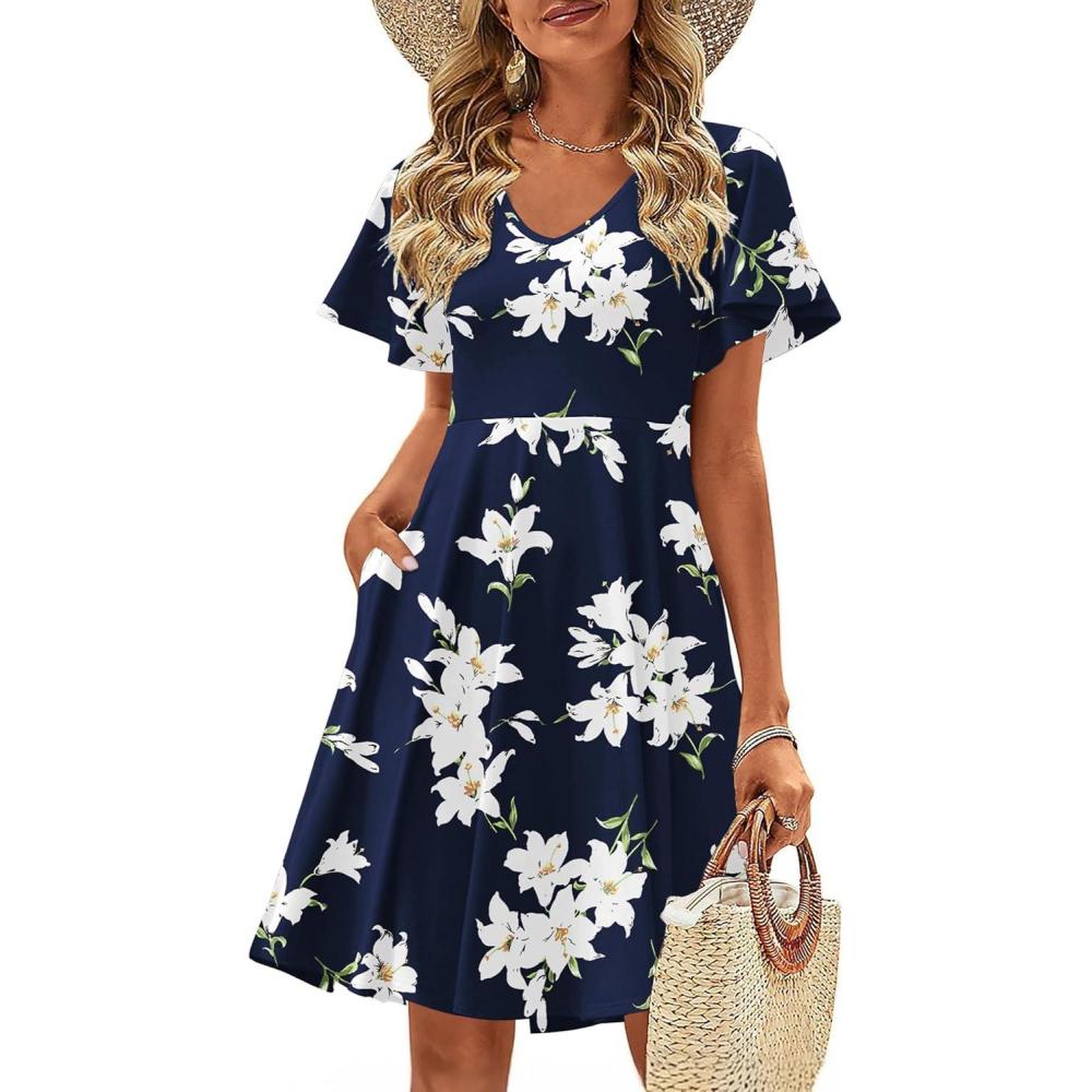 imageZeagoo Womens Summer Dress Casual Swing Floral Ruffle Short Sleeve Sundresses Beach Mini Aline Shift Dress 2026 with PocketsDark Blue Floral