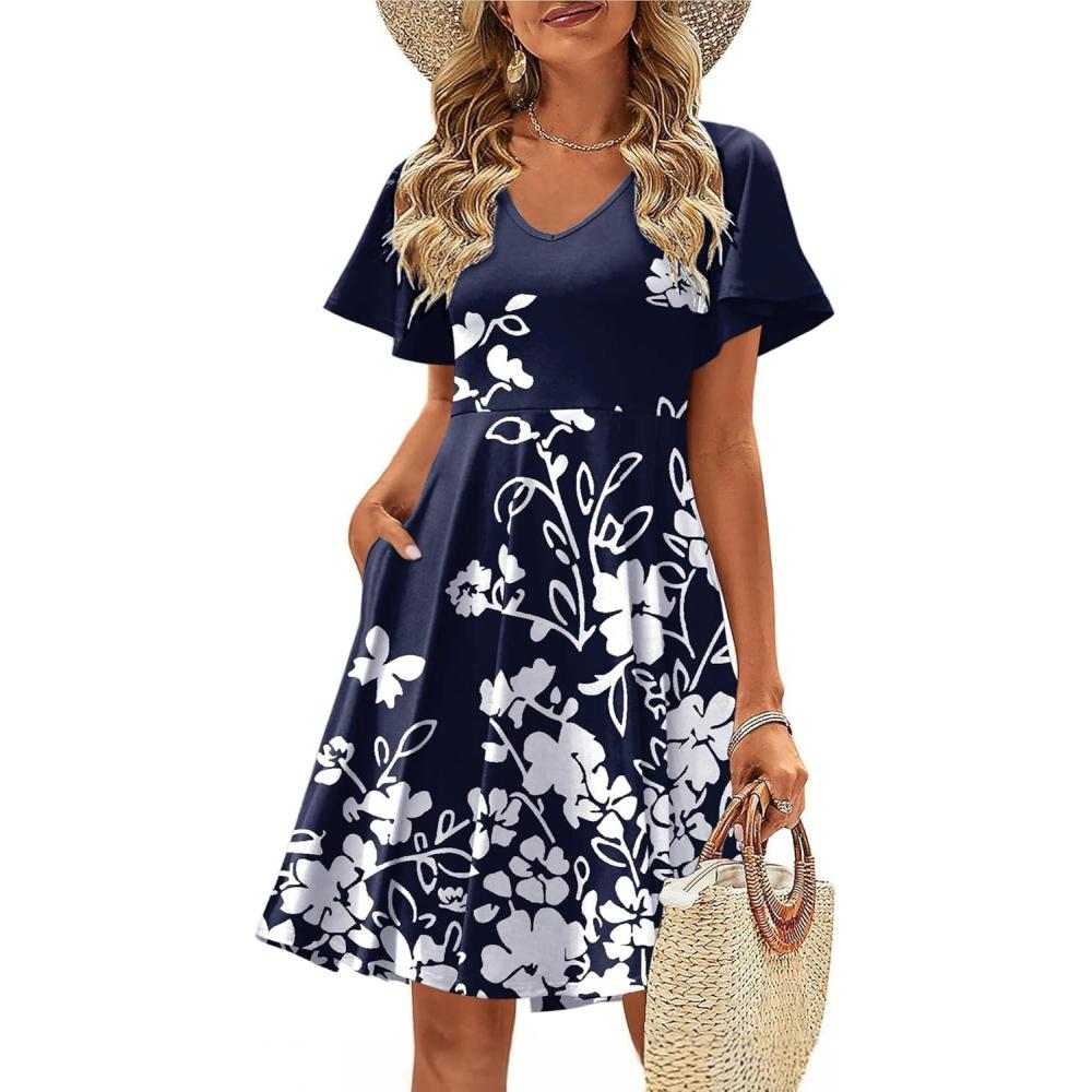 imageZeagoo Womens Summer Dress Casual Swing Floral Ruffle Short Sleeve Sundresses Beach Mini Aline Shift Dress 2026 with PocketsNavy Floral