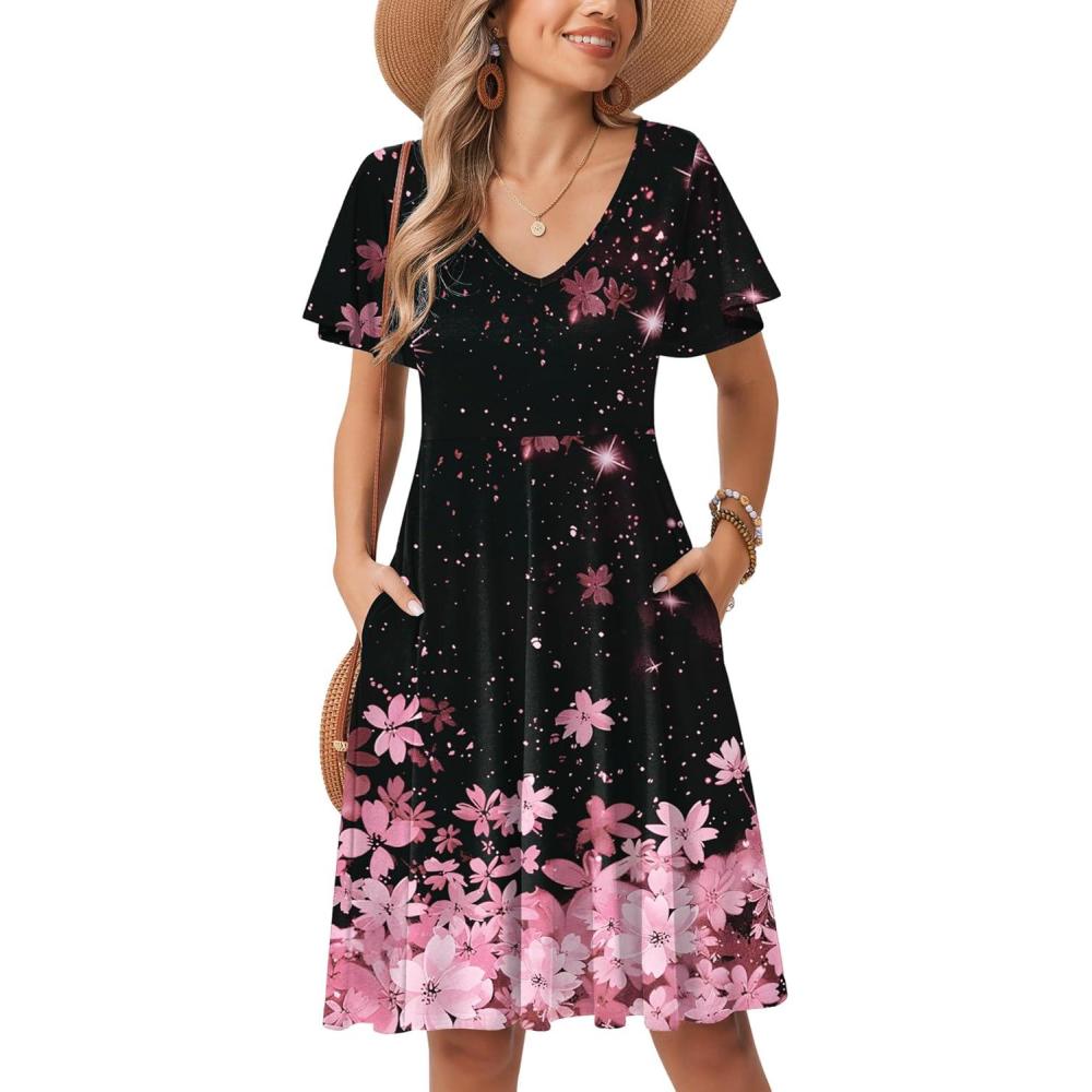 imageZeagoo Womens Summer Dress Casual Swing Floral Ruffle Short Sleeve Sundresses Beach Mini Aline Shift Dress 2026 with PocketsPink Black Floral