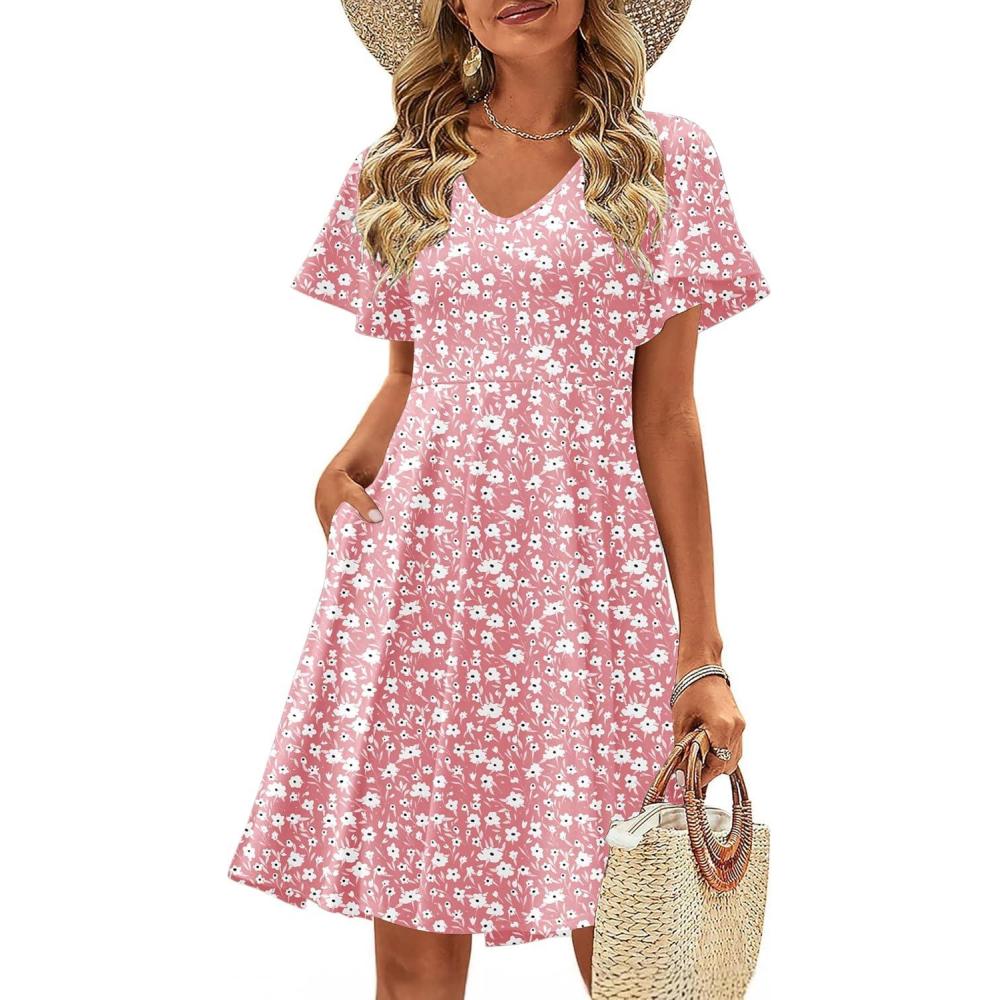 imageZeagoo Womens Summer Dress Casual Swing Floral Ruffle Short Sleeve Sundresses Beach Mini Aline Shift Dress 2026 with PocketsPink Floral