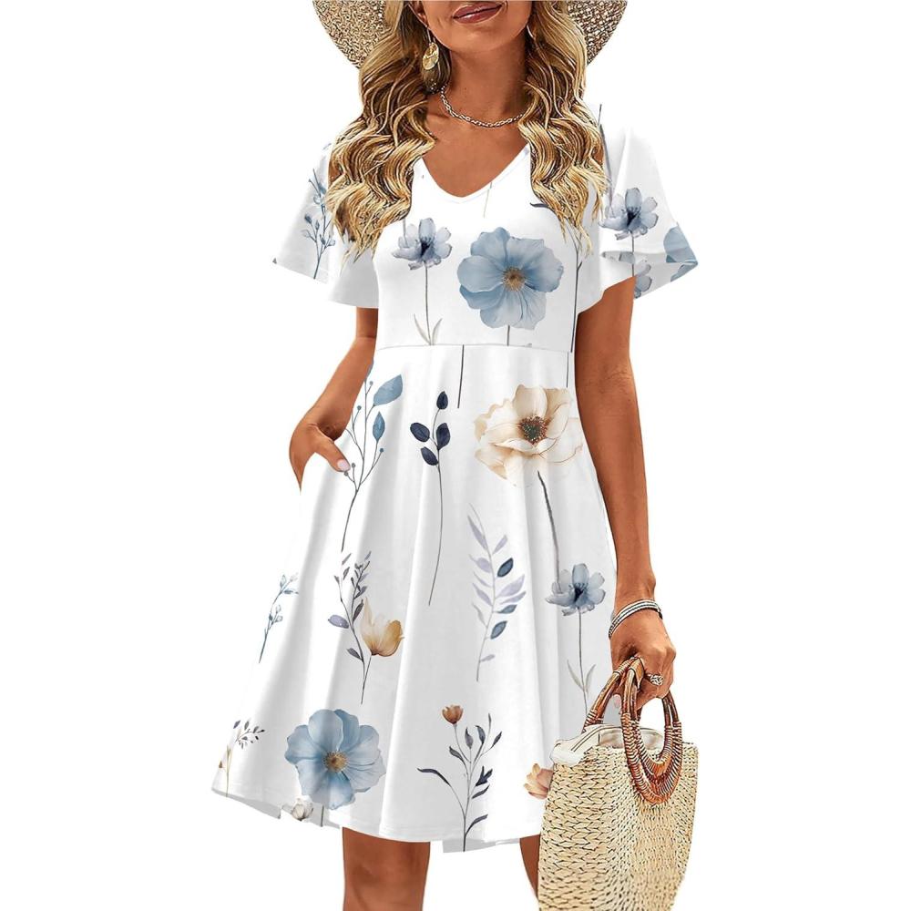 imageZeagoo Womens Summer Dress Casual Swing Floral Ruffle Short Sleeve Sundresses Beach Mini Aline Shift Dress 2026 with PocketsWhite