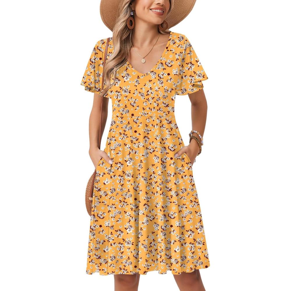 imageZeagoo Womens Summer Dress Casual Swing Floral Ruffle Short Sleeve Sundresses Beach Mini Aline Shift Dress 2026 with PocketsYellow Floral