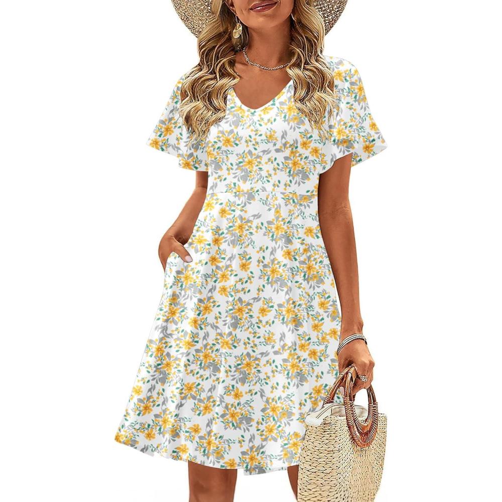 imageZeagoo Womens Summer Dress Casual Swing Floral Ruffle Short Sleeve Sundresses Beach Mini Aline Shift Dress 2026 with PocketsYellow White Floral