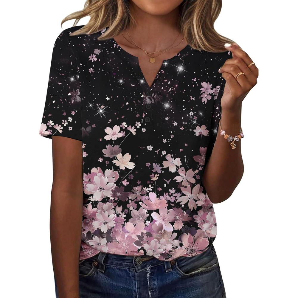 imageZeagoo Womens Summer Tops Casual Short Sleeve V Neck Shirts Business Dressy Work BlousesFloral Black Multi