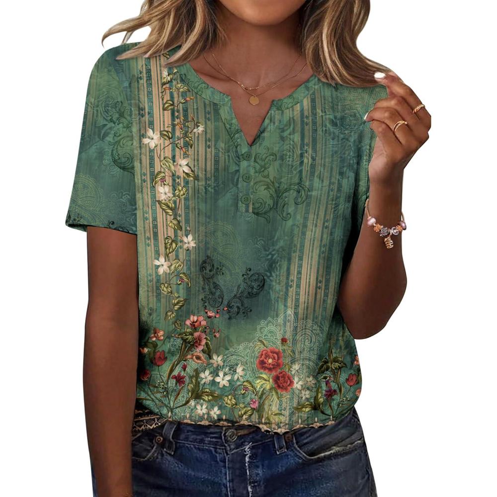 imageZeagoo Womens Summer Tops Casual Short Sleeve V Neck Shirts Business Dressy Work BlousesFloral Green