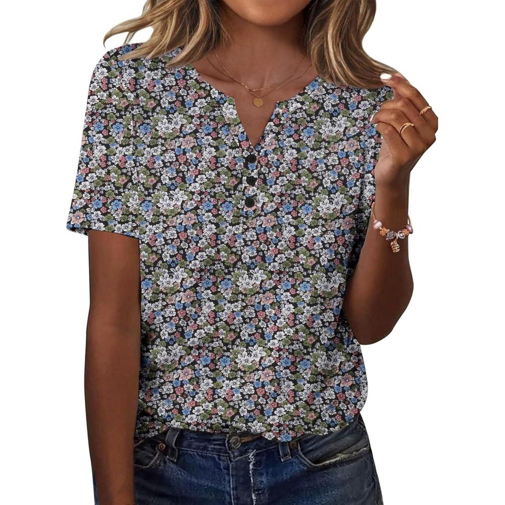 imageZeagoo Womens Summer Tops Casual Short Sleeve V Neck Shirts Business Dressy Work BlousesFloral Multi
