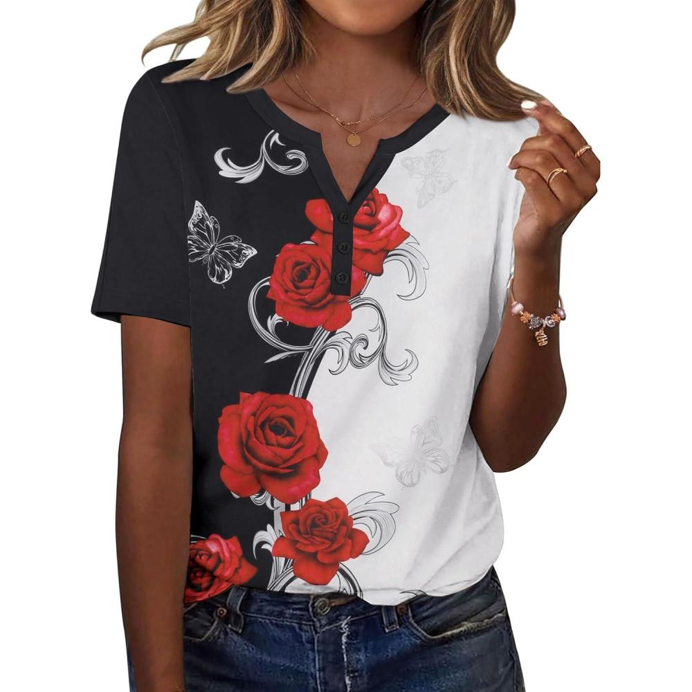 imageZeagoo Womens Summer Tops Casual Short Sleeve V Neck Shirts Business Dressy Work BlousesFloral Red Black
