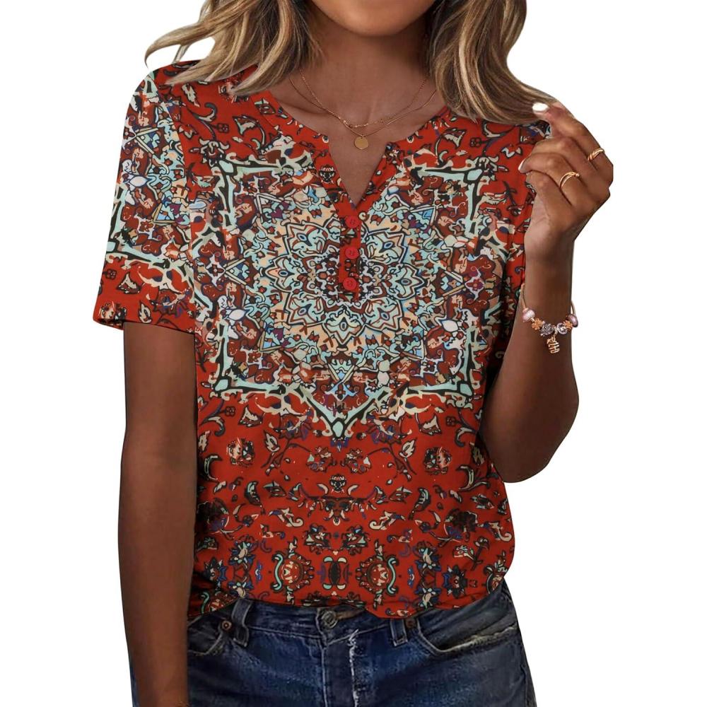 imageZeagoo Womens Summer Tops Casual Short Sleeve V Neck Shirts Business Dressy Work BlousesFloral Red Multi