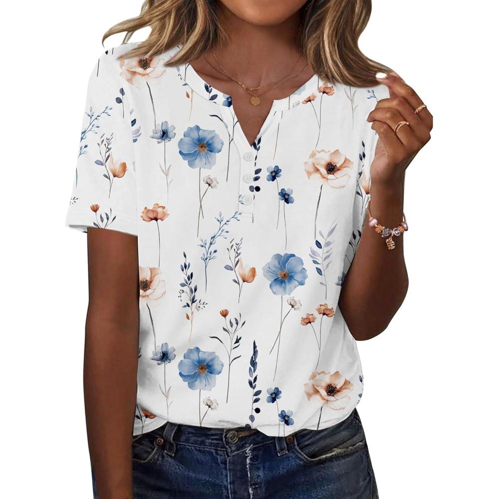 imageZeagoo Womens Summer Tops Casual Short Sleeve V Neck Shirts Business Dressy Work BlousesFloral White
