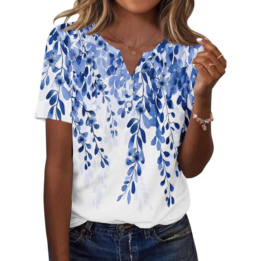 imageZeagoo Womens Summer Tops Casual Short Sleeve V Neck Shirts Business Dressy Work BlousesLeaf White Blue