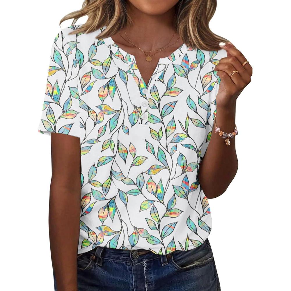 imageZeagoo Womens Summer Tops Casual Short Sleeve V Neck Shirts Business Dressy Work BlousesLeaf White Green