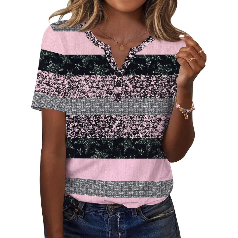 imageZeagoo Womens Summer Tops Casual Short Sleeve V Neck Shirts Business Dressy Work BlousesStripes Black Pink