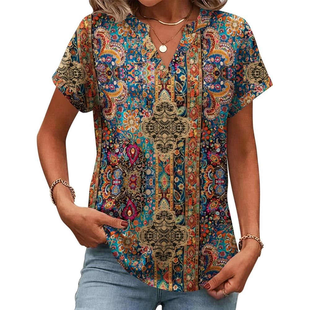 imageZeagoo Womens Tops Short Sleeve Summer V Neck Shirts Work Blouses Business Outfits Fashion ClothingBoho Mz721