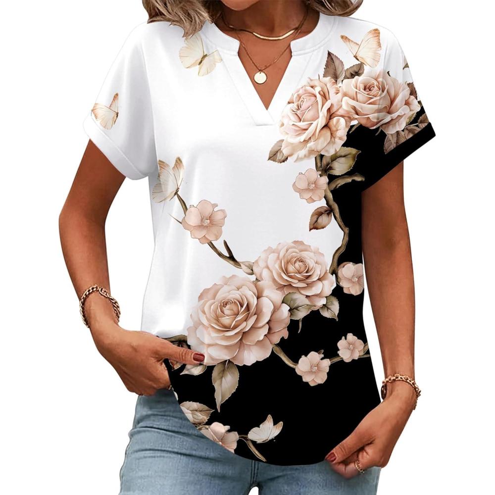 imageZeagoo Womens Tops Short Sleeve Summer V Neck Shirts Work Blouses Business Outfits Fashion ClothingFloral Black