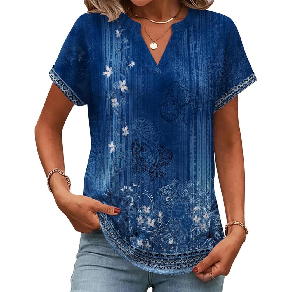imageZeagoo Womens Tops Short Sleeve Summer V Neck Shirts Work Blouses Business Outfits Fashion ClothingFloral Blue
