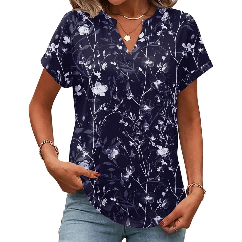 imageZeagoo Womens Tops Short Sleeve Summer V Neck Shirts Work Blouses Business Outfits Fashion ClothingFloral Navy