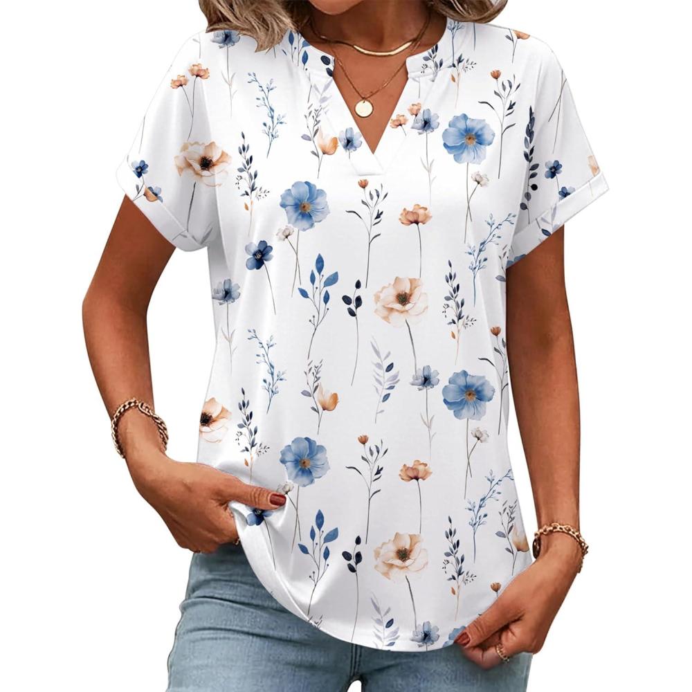 imageZeagoo Womens Tops Short Sleeve Summer V Neck Shirts Work Blouses Business Outfits Fashion ClothingFloral White