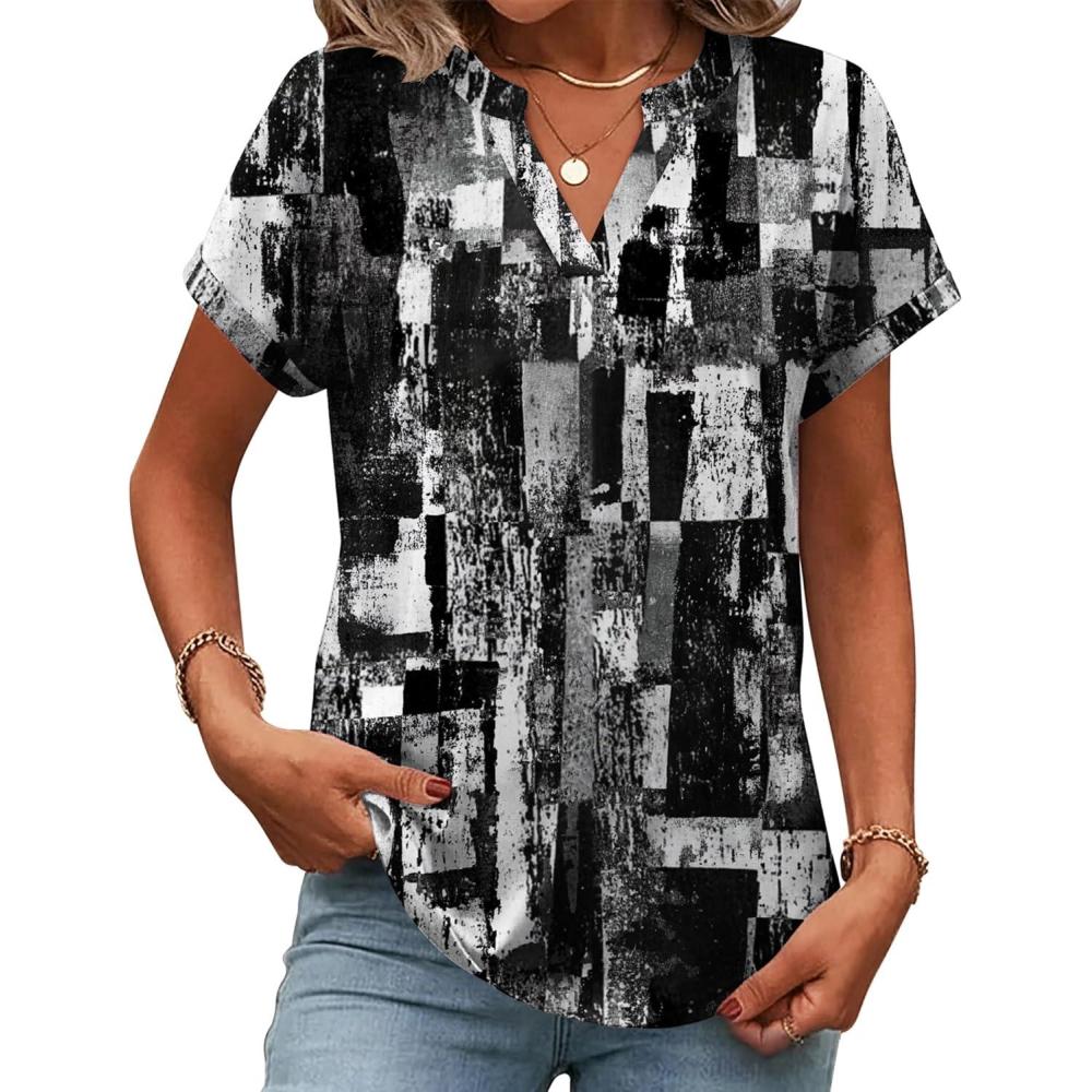 imageZeagoo Womens Tops Short Sleeve Summer V Neck Shirts Work Blouses Business Outfits Fashion ClothingStriped 332