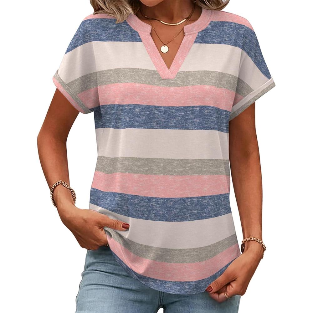 imageZeagoo Womens Tops Short Sleeve Summer V Neck Shirts Work Blouses Business Outfits Fashion ClothingStriped 669