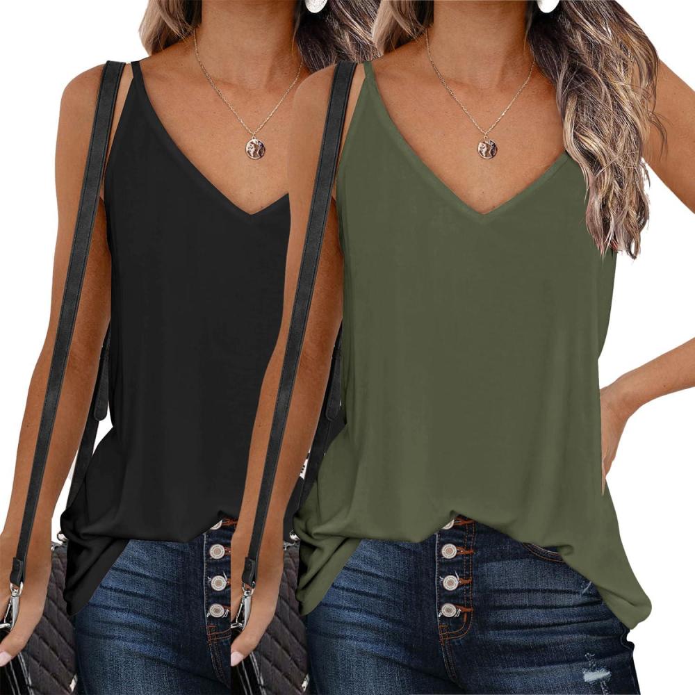 imageZeagoo Womens V Neck Camisole Tank Top Strap Sleeveless T Shirt Casual Loose Vest Blouse SXXL2 Packarmy Green and Black