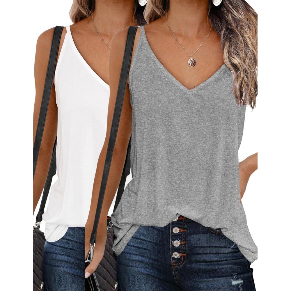 imageZeagoo Womens V Neck Camisole Tank Top Strap Sleeveless T Shirt Casual Loose Vest Blouse SXXL2 Packgrey and White