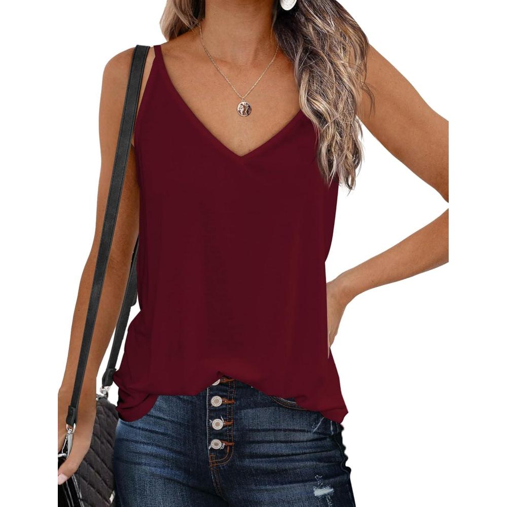imageZeagoo Womens V Neck Camisole Tank Top Strap Sleeveless T Shirt Casual Loose Vest Blouse SXXLDark Red