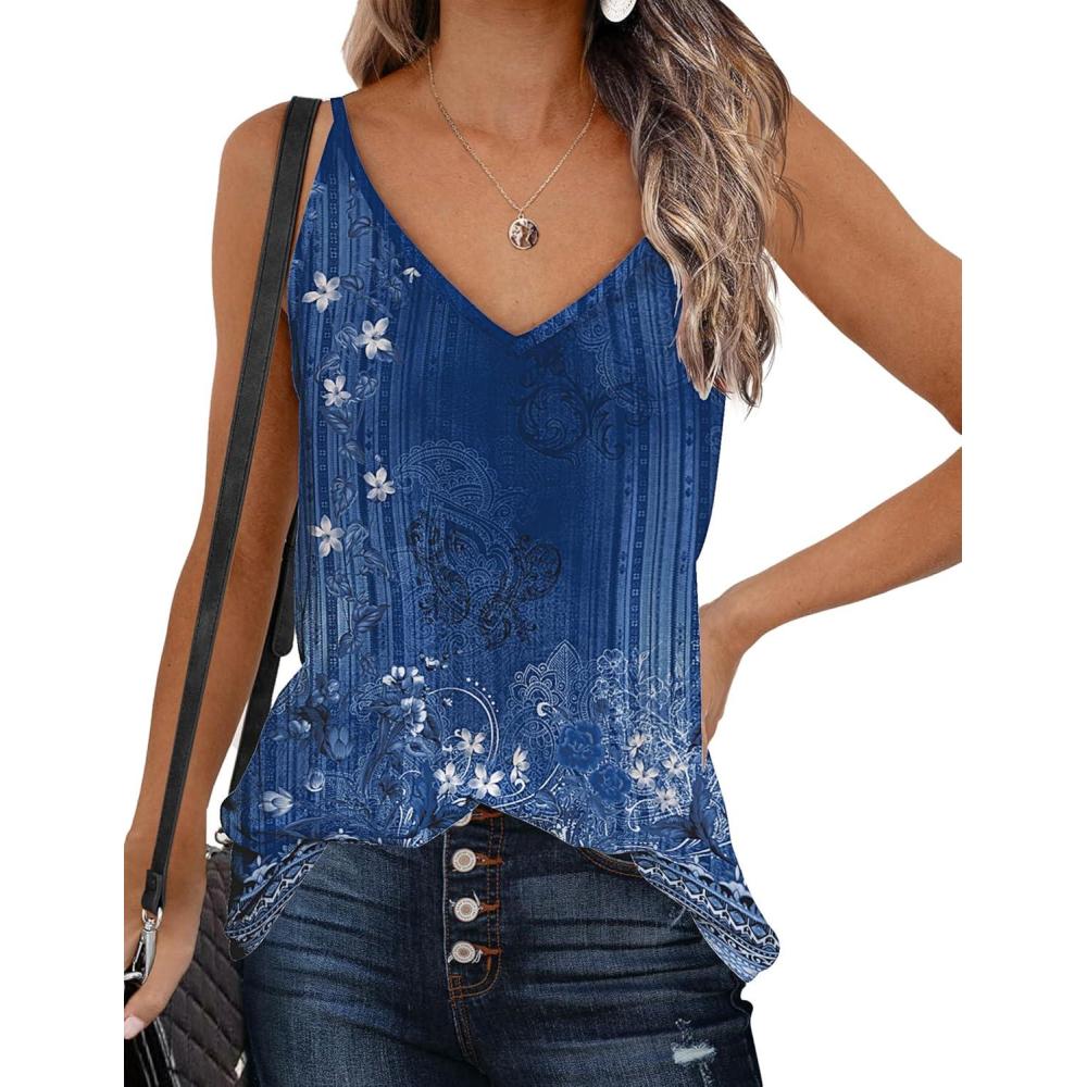 imageZeagoo Womens V Neck Camisole Tank Top Strap Sleeveless T Shirt Casual Loose Vest Blouse SXXLFloral Blue